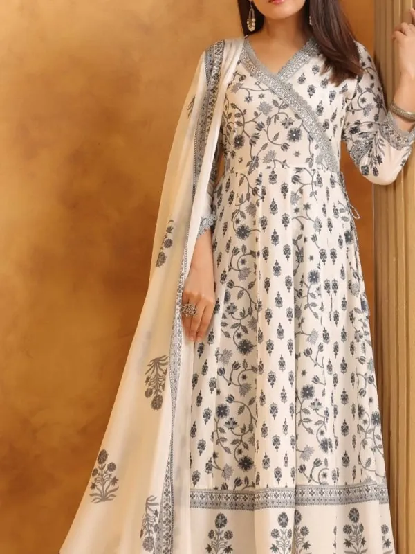 Anarkali with Fully Cotton and readymade 3 piece set grey