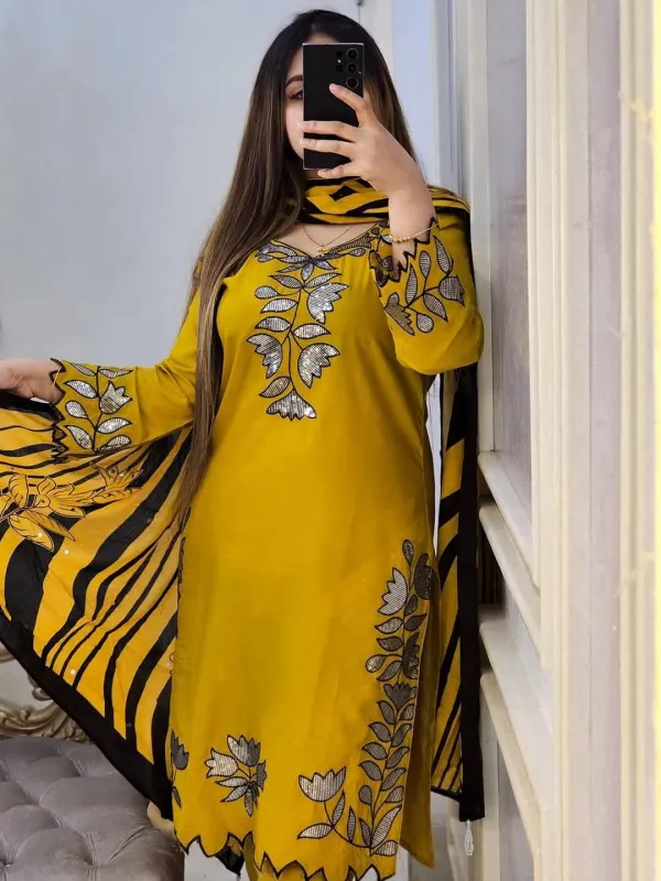 Sequence and embroidery work 3 piece set master yellow